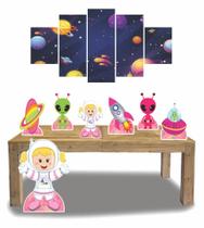 Kit Display Festa Astronauta Menina Cabelo Loiro + Quadro Decorativo Mosaico