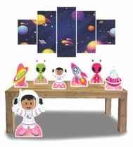 Kit Display Festa Astronauta Menina Morena Cabelo Preto + Quadro Decorativo Mosaico