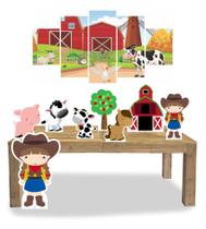 Kit Display Festa Fazendinha Menina Cabelo Castanho + Quadro Decorativo Mosaico