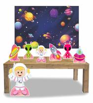 Kit Display Menina Astronauta Loira 7 Pçs + Painel Grande