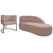 Kit Divã Luna 140cm Lado Direito e 01 Poltrona Base de Ferro Preto Linho Rose
