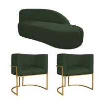 Kit Divã Luna 140cm Lado Direito e 02 Poltronas Base de Ferro Dourado Linho