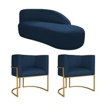 Kit Divã Luna 140cm Lado Direito e 02 Poltronas Base de Ferro Dourado Suede Azul Marinho