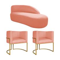 Kit Divã Luna 140cm Lado Direito e 02 Poltronas Base de Ferro Dourado Suede Coral