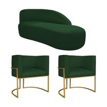 Kit Divã Luna 140cm Lado Direito e 02 Poltronas Base de Ferro Dourado Suede Verde