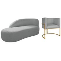 Kit Divã Luna 140cm Lado Esquerdo e 01 Poltrona Base de Ferro Dourado Bouclé Cinza
