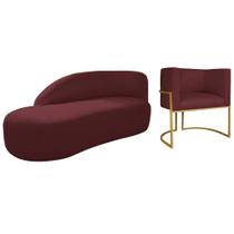 Kit Divã Luna 140cm Lado Esquerdo e 01 Poltrona Base de Ferro Dourado Suede Bordo