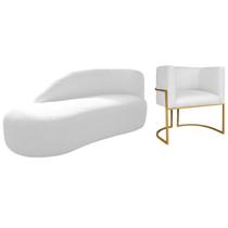 Kit Divã Luna 140cm Lado Esquerdo e 01 Poltrona Base de Ferro Dourado Suede Branco