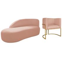 Kit Divã Luna 140cm Lado Esquerdo e 01 Poltrona Base de Ferro Dourado Suede Rose