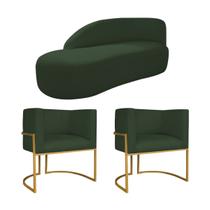 Kit Divã Luna 140cm Lado Esquerdo e 02 Poltronas Base de Ferro Dourado Linho