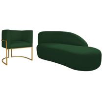 Kit Divã Luna 160cm Lado Direito e 01 Poltrona Base de Ferro Dourada Suede Verde