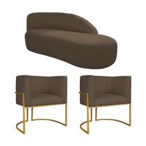 Kit Divã Luna 160cm Lado Direito e 02 Poltronas Base de Ferro Dourado Suede