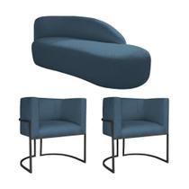 Kit Divã Luna 160cm Lado Direito e 02 Poltronas Base de Ferro Preto Linho Azul Royal