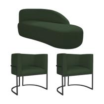 Kit Divã Luna 160cm Lado Direito e 02 Poltronas Base de Ferro Preto Linho Verde