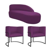 Kit Divã Luna 160cm Lado Direito e 02 Poltronas Base de Ferro Preto Suede Roxo