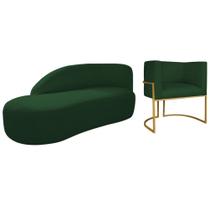 Kit Divã Luna 160cm Lado Esquerdo e 01 Poltrona Base de Ferro Dourado Suede Verde