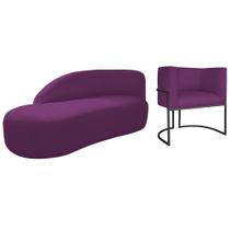 Kit Divã Luna 160cm Lado Esquerdo e 01 Poltrona Base de Ferro Preto Suede Roxo