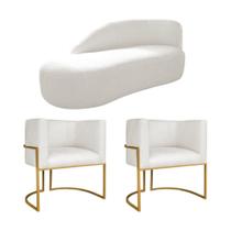 Kit Divã Luna 160cm Lado Esquerdo e 02 Poltronas Base de Ferro Dourado Bouclé Branco