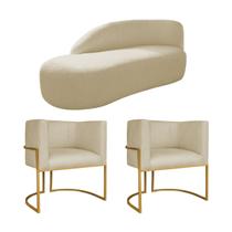 Kit Divã Luna 160cm Lado Esquerdo e 02 Poltronas Base de Ferro Dourado Suede