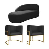 Kit Divã Luna 160cm Lado Esquerdo e 02 Poltronas Base de Ferro Dourado Suede Preto