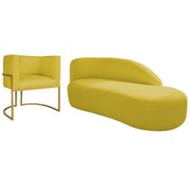 Kit Divã Luna 185cm Lado Direito e 01 Poltrona Base de Ferro Dourado Suede Amarelo