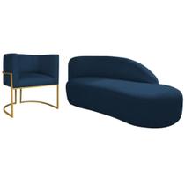 Kit Divã Luna 185cm Lado Direito e 01 Poltrona Base de Ferro Dourado Suede Azul Marinho