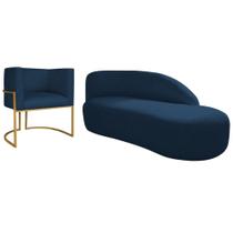 Kit Divã Luna 185cm Lado Direito e 01 Poltrona Base de Ferro Dourado Suede Azul Marinho