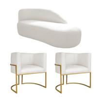 Kit Divã Luna 185cm Lado Direito e 02 Poltronas Base de Ferro Dourado Bouclé Branco