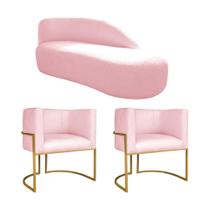 Kit Divã Luna 185cm Lado Direito e 02 Poltronas Base de Ferro Dourado Suede Rosa Bebe