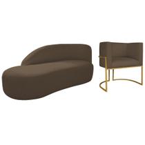 Kit Divã Luna 185cm Lado Esquerdo e 01 Poltrona Base de Ferro Dourado Suede Marrom