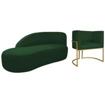 Kit Divã Luna 185cm Lado Esquerdo e 01 Poltrona Base de Ferro Dourado Suede Verde Kit Divã Luna 185cm Lado Esquerdo e 01 Poltrona Base de Ferro Dourado Suede Verde