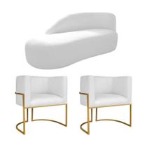 Kit Divã Luna 185cm Lado Esquerdo e 02 Poltronas Base de Ferro Dourado Suede Branco