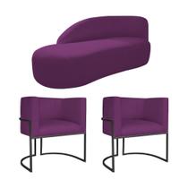 Kit Divã Luna 185cm Lado Esquerdo e 02 Poltronas Base de Ferro Preto Suede Roxo