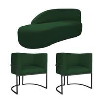 Kit Divã Luna 185cm Lado Esquerdo e 02 Poltronas Base de Ferro Preto Suede Verde