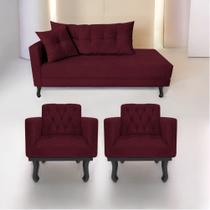 Kit Diva Recamier Azura 140cm Lado Direito e 02 Poltronas Classic Suede Bordô - Amarena Móveis