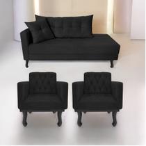 Kit Diva Recamier Azura 140cm Lado Direito e 02 Poltronas Classic Suede Preto - Amarena Móveis