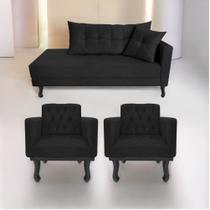 Kit Diva Recamier Azura 140cm Lado Esquerdo e 02 Poltronas Classic Suede Preto - Amarena Móveis