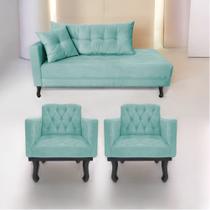 Kit Diva Recamier Azura 160cm Lado Direito e 02 Poltronas Classic Suede Azul Tiffany - Amarena Móveis