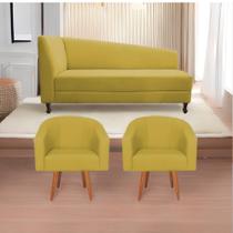 Kit Diva Recamier Heitor 140cm Lado Direito e 02 Poltronas Luiza Suede Amarelo - Amarena Móveis