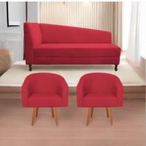 Kit Diva Recamier Heitor 140cm Lado Direito e 02 Poltronas Luiza Suede Vermelho - Amarena Móveis