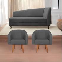Kit Diva Recamier Heitor 140cm Lado Esquerdo e 02 Poltronas Luiza Linho Cinza Escuro - Amarena Móveis