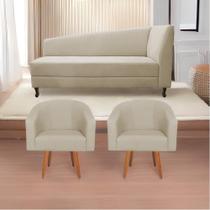 Kit Diva Recamier Heitor 140cm Lado Esquerdo e 02 Poltronas Luiza Suede Bege - Amarena Móveis