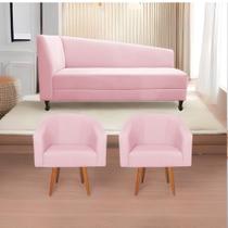 Kit Diva Recamier Heitor 160cm Lado Direito e 02 Poltronas Luiza Suede Rosa bebê - Amarena Móveis