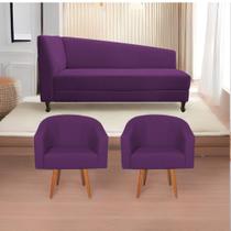 Kit Diva Recamier Heitor 160cm Lado Direito e 02 Poltronas Luiza Suede Roxo - Amarena Móveis