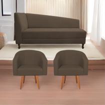 Kit Divã Recamier Heitor 185cm Lado Direito e 02 Poltronas Luiza Suede - Doce Sonho Móveis