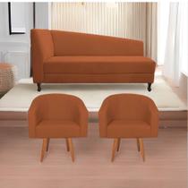 Kit Diva Recamier Heitor 185cm Lado Direito e 02 Poltronas Luiza Suede Terracota - Amarena Móveis
