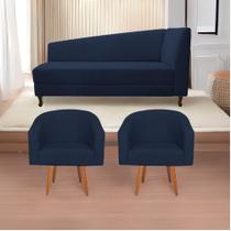 Kit Diva Recamier Heitor 185cm Lado Esquerdo e 02 Poltronas Luiza Suede Azul Marinho - Amarena Móveis