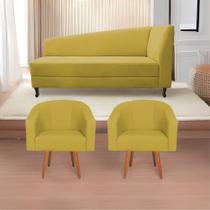 Kit Divã Recamier Heitor 185cm Lado Esquerdo e 02 Poltronas Luiza Suede - Doce Sonho Móveis