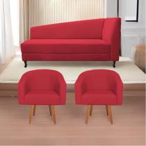 Kit Diva Recamier Heitor 185cm Lado Esquerdo e 02 Poltronas Luiza Suede Vermelho - Amarena Móveis