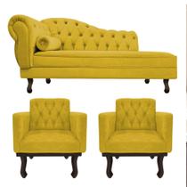 Kit Diva Recamier Juliana 130cm Lado Direito e 02 Poltronas Classic Suede Amarelo - Amarena Móveis